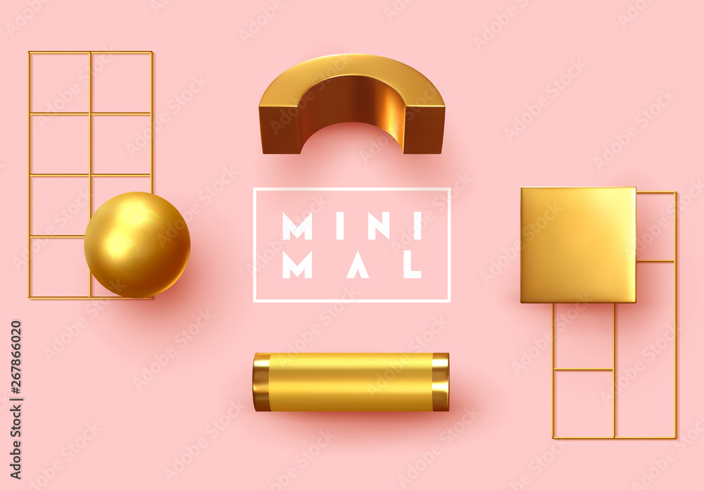 Poster abstract background with golden geometric elements. 3d shape vector minimal poster.