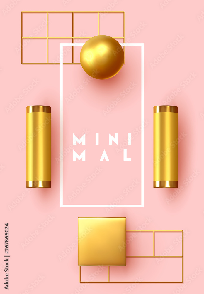 Poster abstract background with golden geometric elements. 3d shape vector minimal poster.