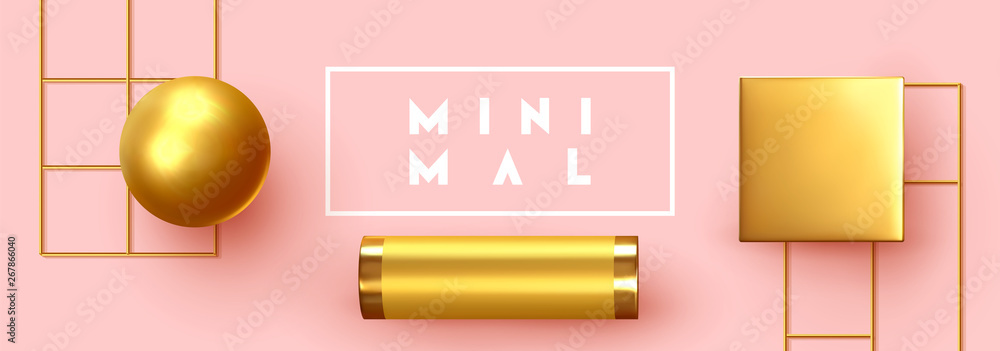 Poster abstract background with golden geometric elements. 3d shape vector minimal poster.