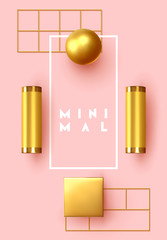 Abstract background with golden geometric elements. 3d shape vector minimal poster.