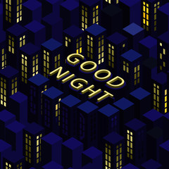 Pattern with blue and dark blue towers and isometric text "Good night"