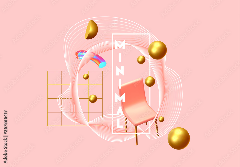 Poster abstract background with golden geometric elements. 3d shape vector minimal poster. realistic gold o