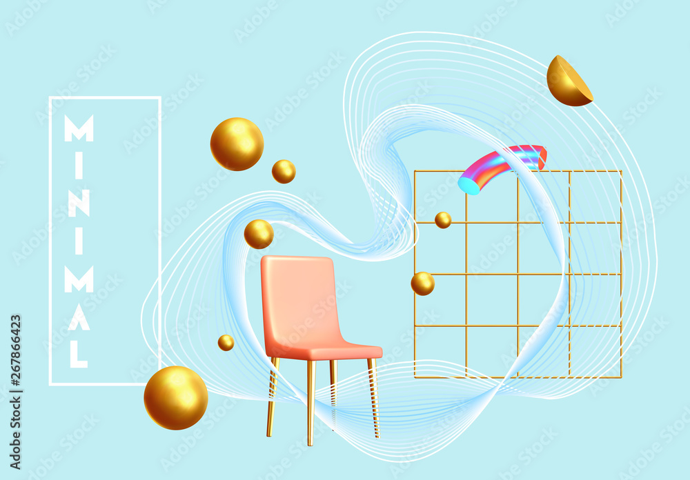 Poster abstract background with golden geometric elements. 3d shape vector minimal poster. realistic gold o