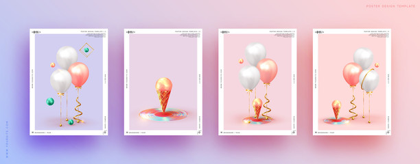 Festive background with helium balloons. Celebrate a birthday, Poster, banner happy anniversary. Realistic decorative design elements. Vector 3d object ballon with ribbon, pink and white color.