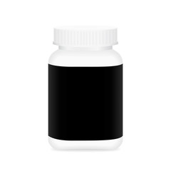 white medicine bottle and black label, bottle plastic white packaging single blank for template design white background, package bottle packing pill, medicine, vitamin, drug tablet, supplement