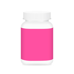 white medicine bottle and pink label, bottle plastic white packaging single blank for template design white background, package bottle packing pill, medicine, vitamin, drug tablet, supplement