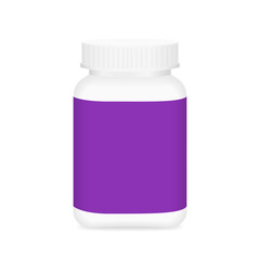white medicine bottle and purple label, bottle plastic white packaging single blank for template design white background, package bottle packing pill, medicine, vitamin, drug tablet, supplement