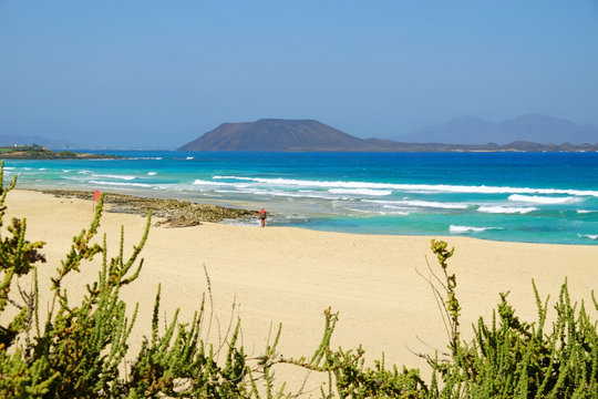 Sand Dunes and beach in National Park Corralejo, Fuerteventura.
