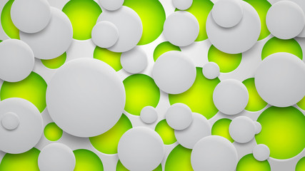 Abstract background of holes and circles with shadows in green and white colors