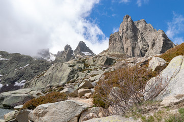 Rock peaks on the top of the Restonica gorge near the Melo Lake in Corsica, France.