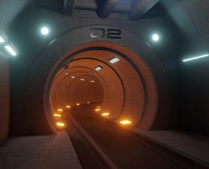 Train tunnel fiction in interior rendering sci-fi,orange tunnel light,3D rendering
