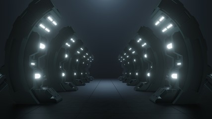 Science background fiction interior rendering sci-fi Spaceship Triangle Dark Empty Corridor the door to the future.3D Rendering 