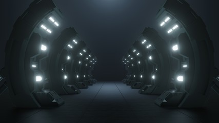 Science background fiction interior rendering sci-fi Spaceship Triangle Dark Empty Corridor the door to the future.3D Rendering  © Vanitjan