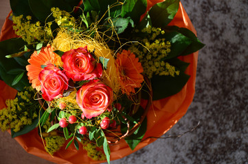 Valentines day background. Beautiful bouquet of roses on wooden table