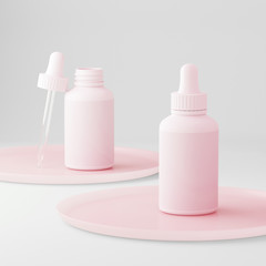 Clean rose modern minimal design. Cosmetic dropper bottle for liquid, cream, gel, lotion. Beauty product package, blank template of white plastic jar. 3d illustration.