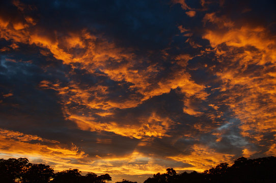 Dramatic orange coloured stratocumulus sunrise cloudscape.