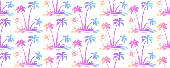 Vivid colors hand drawn tropical palm trees vintage vector seamless pattern