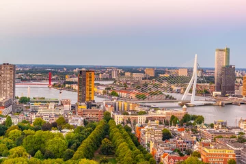 Photo sur Plexiglas Pont Érasme Sunset aerial view of Erasmus bridge and skyline of Rotterdam, Netherlands