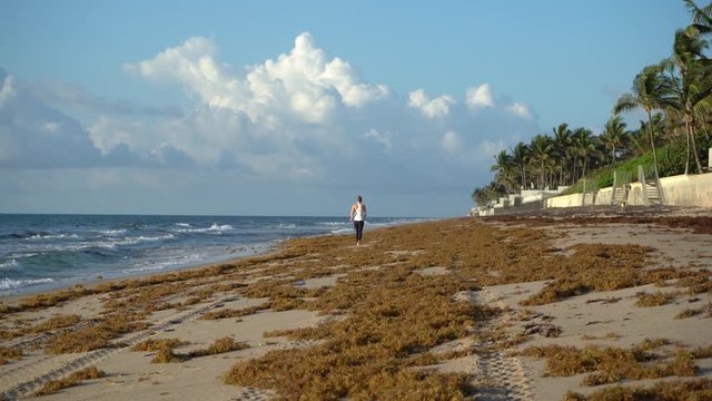 La muchacha est&aacute; trotando y caminando por la playa en la ma&ntilde;ana.