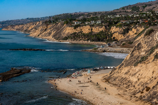 Aerial view of the Pacific Coast in San Pedro, California, at the White Point Royal Palms beach, popular for surfing, snorkeling, SCUBA diving, fishing, picnicking, hiking and dog walking.  