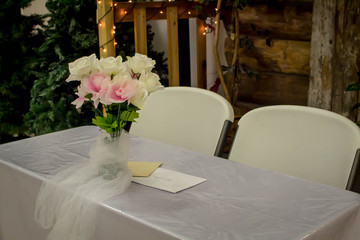 Decorated empty bride and groom table
