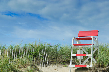 Fototapeta na wymiar Lifeguard chair at Misquamicut top beach for family vacation