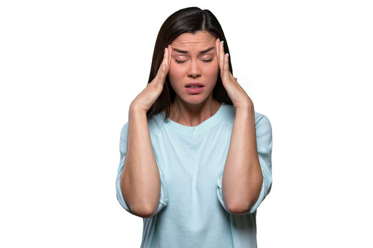 Woman Overwhelmed With Stress And Concern, Confusion And Doubt, Hands To Head, Isolated On White Background