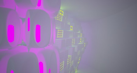 Abstract  white Futuristic Sci-Fi interior With Pink, Blue And Green Glowing Neon Tubes . 3D illustration and rendering.