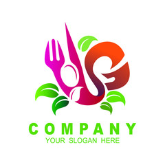 Design modern logos for business. Vector illustration logo healthy food. Green leaf and cutlery, Spoon, fork, and knife. Logo letter g
