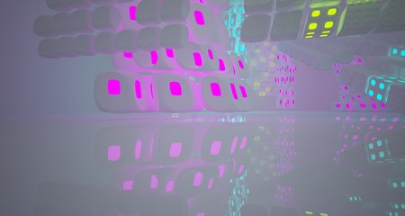 Abstract  white Futuristic Sci-Fi interior With Pink, Blue And Green Glowing Neon Tubes . 3D illustration and rendering.