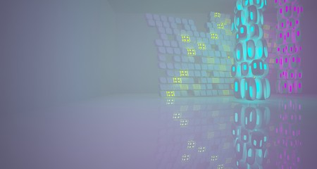 Abstract  white Futuristic Sci-Fi interior With Pink, Blue And Green Glowing Neon Tubes . 3D illustration and rendering.