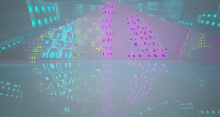 Abstract  white Futuristic Sci-Fi interior With Pink, Blue And Green Glowing Neon Tubes . 3D illustration and rendering.