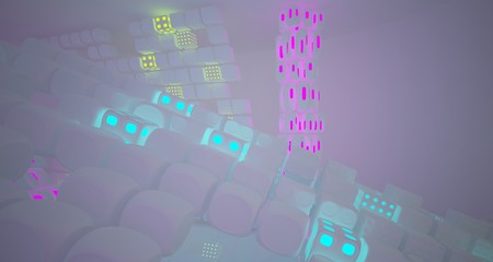 Abstract  white Futuristic Sci-Fi interior With Pink, Blue And Green Glowing Neon Tubes . 3D illustration and rendering.