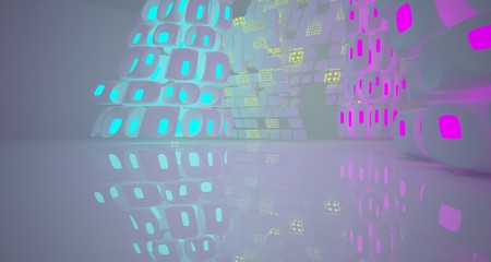 Abstract  white Futuristic Sci-Fi interior With Pink, Blue And Green Glowing Neon Tubes . 3D illustration and rendering.