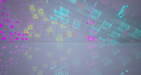 Abstract  white Futuristic Sci-Fi interior With Pink, Blue And Green Glowing Neon Tubes . 3D illustration and rendering.