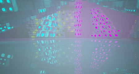 Abstract  white Futuristic Sci-Fi interior With Pink, Blue And Green Glowing Neon Tubes . 3D illustration and rendering.