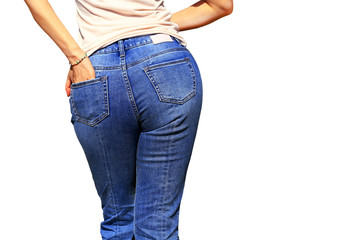 Sexy woman wearing of jean pants from back. Female bottom in tight jeans isolated on white...