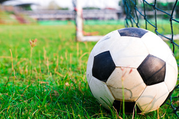 Soccer ball in green field, Soccer ball on grass, vintage style,copy space