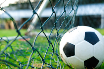 Soccer ball in green field, Soccer ball on grass, vintage style,copy space