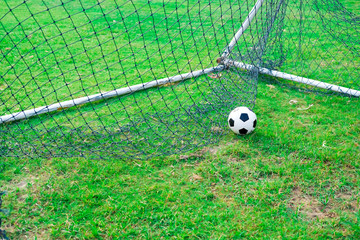 Soccer ball in green field, Soccer ball on grass, vintage style,copy space