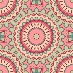 Decorative colorful ethnic seamless pattern for fabric or wrapping in oriental style. Hand drawn illustration