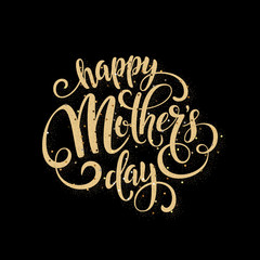 Mothers day greeting card. Handwritten message on black background with golden confetti