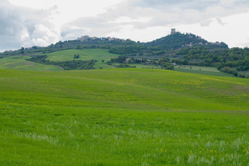 Fototapeta na wymiar Rocca d'Orcia and Castiglione d'Orcia. Val d'Orcia landscape in spring. Hills of Tuscany. Val d'Orcia, Siena, Tuscany, Italy - May, 2019.