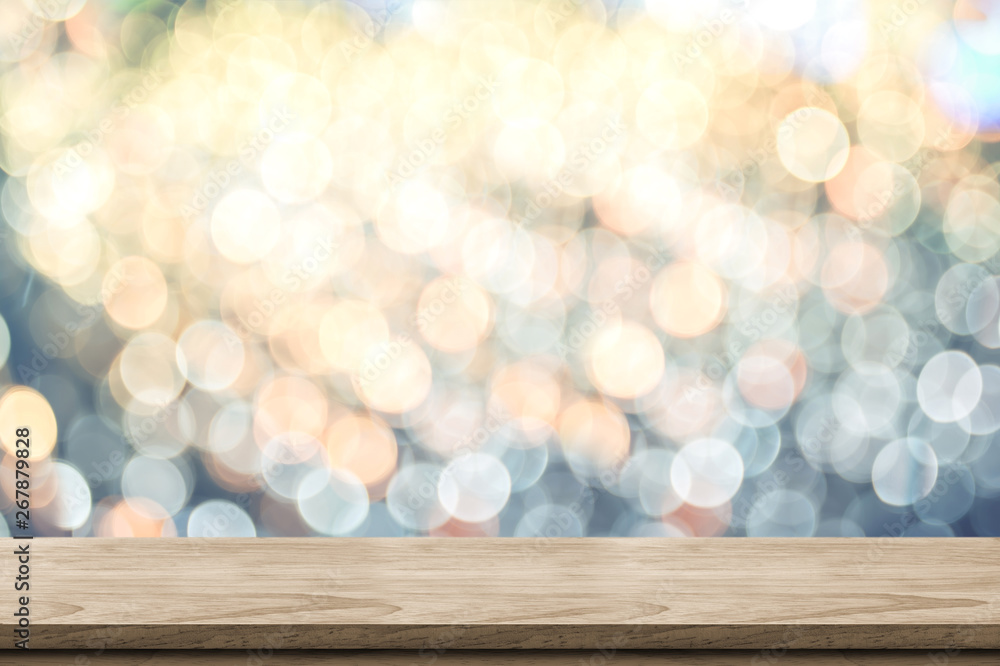 Aufkleber empty brown wood table top with blur sparkling soft pastel blue and orange bokeh abstract background