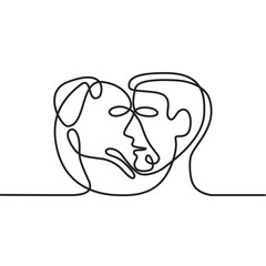 Continuous line illustration of head of a dog and a man facing each other viewed from side done in black and white monoline style.