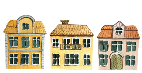set of european two-story houses on a white background. watercolor illustration for design