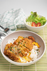 Close up rice bowl topped with deep-fried pork cutlet and eggs decorated with salad in Japanese style