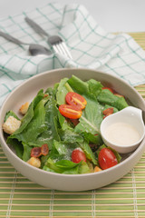 Close up healthy salad with various fresh vegetables, tomatoes, green oak lettuce