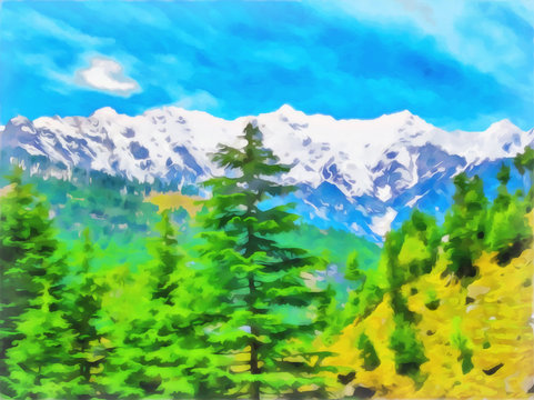 Digital painting. Drawing watercolor. Mountain landscape.