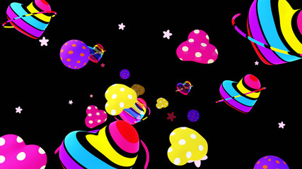 Cartoon heart-shaped rainbow planets and stars. 3d rendering picture.